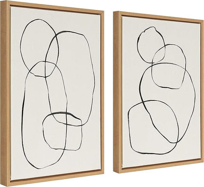 Kate and Laurel Sylvie Modern Circles and Going in Circles Framed Linen Textured Canvas Wall Art by Teju Reval, Set of 2, 18x24 Natural, Beautiful Abstract Wall Decor