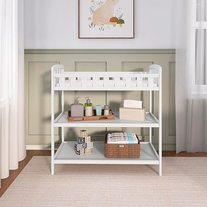 Dream On Me Emily Changing Table, Compact and Portable, Solid New Zealand Pinewood, Safety Rails, Two Storage Shelves, Includes Water-Resistant 1" Changing Pad — White