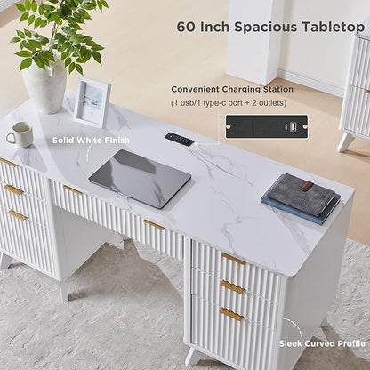 T4TREAM 60'' Fluted Executive Desk with Drawers, Modern Home Office Computer Desk with Charging Station, Keyboard Tray, File Drawer and Storage Cabinet for Study, Living Room, Bedroom, Solid White