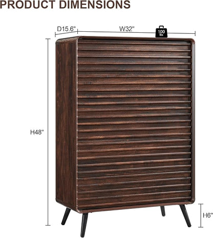RedLemon 5 Drawers Dresser for Bedroom, 48'' Tall Mid Century Modern Wood Fluted Dresser, Chest of Drawers with Tapered Leg for Bedroom, Living Room, Hallway, Closet, Dark Walnut