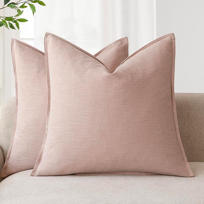 Foindtower Pack of 2, Decorative Linen Solid Throw Pillow Covers Soft Accent Cushion Case Boho Farmhouse Pillowcase for Bed Chair Couch Sofa Bedroom Living Room Home Decor 26 x 26 Inch Light Pink