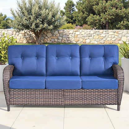 6-Piece Rotating Balcony Chair Set with 31-inch T-Shaped Wide backrest - Rattan Outdoor Rotating Balcony Chairs, Wide backrest Comfortable Outdoor Sliding Chair - Brown | Blue