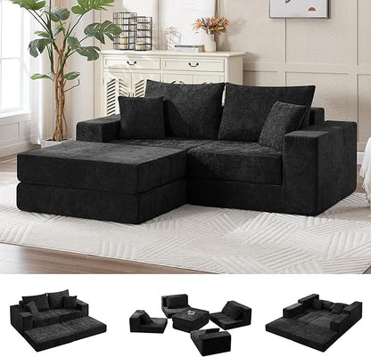79" Boneless Cloud Loveseat Sofa Couch, Modular Foldable Floor Sofa with Ottoman, Chenille Lounge Convertible Sofa Bed for Living Room, No Assembly, Black