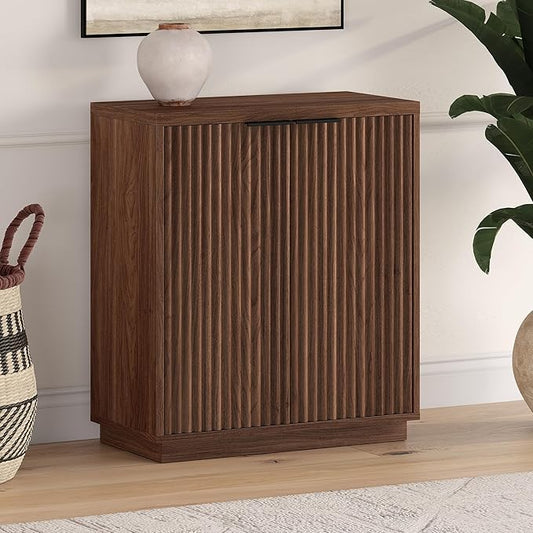 Henn&Hart 28" Fluted Wooden Accent Cabinet, Modern Ribbed Sideboard Buffet Cabinet with 2 Doors and an Adjustable Shelf for Living Room, Dining Room, Bedroom or Entryway, Satin Walnut