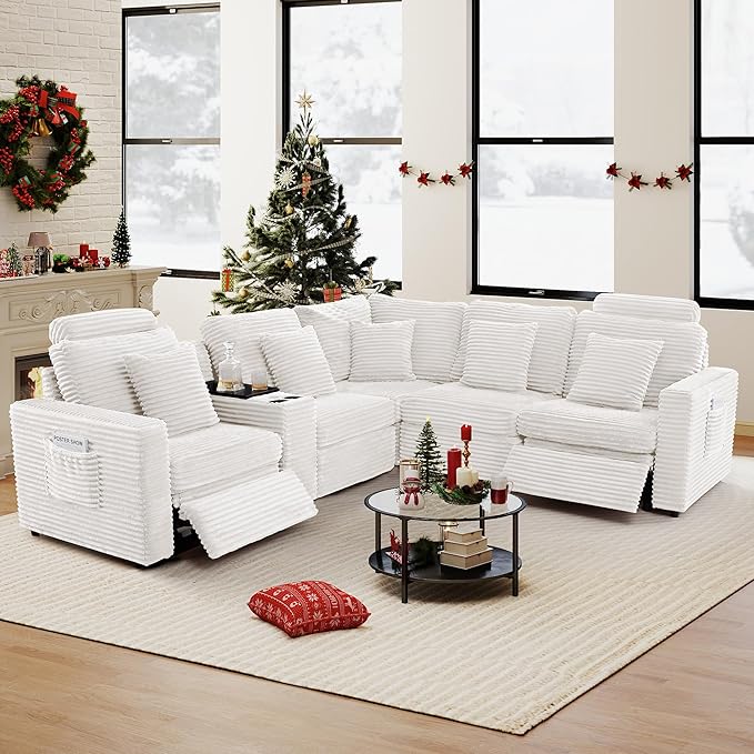 ORRD Oversized Modular Sectional Sofa with 2 Power Reclining, Electric Recliner Couch with Storage Console and Adjustable Headrest, Plush Corduroy Fluffy 5 Seat Corner Sofa for Living Room-White