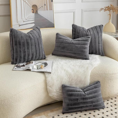 Pack of 2 Faux Fur Throw Pillow Covers 22x22 Inch Striped Decorative Soft Plush Couch Pillow Case Home Decor for Bed, Sofa, Living Room Darkgrey