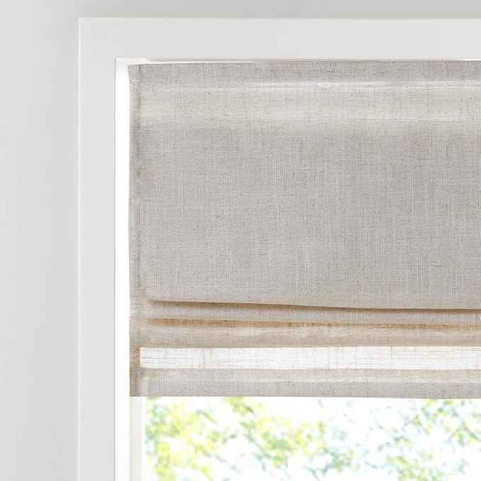 Madison Park Kyler Cordless Roman Shades - Single Panel, Lightweight Linen Blend Fabric, Natural Design, Easy Installation, Light Filtering Window Blind, Bedroom, Living Room Decor 29"W x 64"H Natural