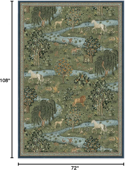RUGGABLE x Morris & Co Washable Area Rug – Owl & Willow Green 6x9, Stain-Resistant, Non-Slip – Medium Machine Washable Rugs for Living Room, Bedroom, Hallway, Entryway & Office–with Cushioned Pad
