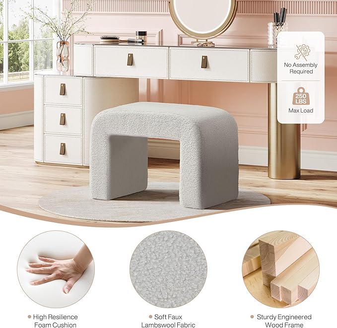 Tribesigns Vanity Stool Chair, Modern Boucle Ottoman Foot Rest for Couch, Large Foot Stool Ottoman, Extra Seating for Living Room, Arched Makeup Bench for Vanity, Fully Assembled, Light Gray, 2 Packs