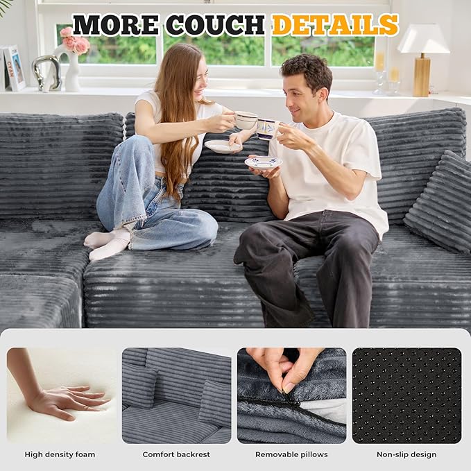 113" Modular Sectional Sofa Bed, Convertible Cloud Couches for Living Room with Ottoman, 6 Seater Corduroy Boneless Couch Sleeper Sofa Set, No Assembly Required, Grey 1 PCS