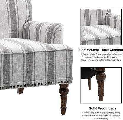 Accent Chair, Mid Century Modern Comfy Armchair for Living Room, Linen Fabric Single Sofa Lounge for Reading Bedroom Apartment Waiting Room with Wood Legs (Grey Stripe, Set of 1)