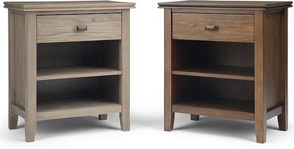 SIMPLIHOME Artisan Bedside Table - 24 inch Wide Solid Wood Nightstand Table in Distressed Grey, Contemporary Bedroom Side or End Table with 1 Drawer, Open Shelf Storage and Bronze Knobs