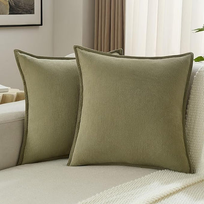 FUTEI Olive Green Chenille Throw Pillow Covers 24x24 Inch Set of 2,Edges Double-Stitched European Cushion Cases,Modern Home Decor for Couch Living Room