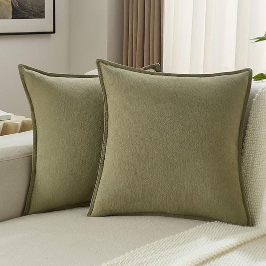 FUTEI Olive Green Chenille Throw Pillow Covers 24x24 Inch Set of 2,Edges Double-Stitched European Cushion Cases,Modern Home Decor for Couch Living Room