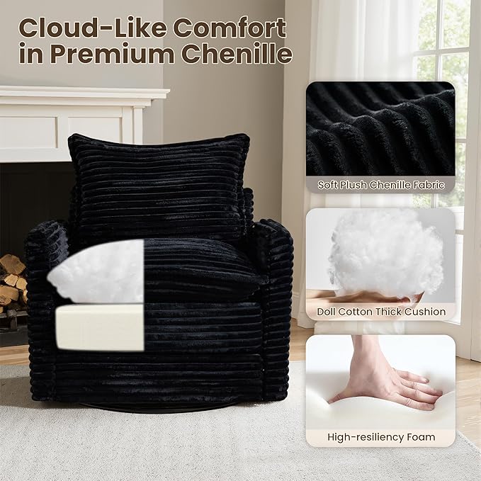 98" Modular Sofa with Swivel Chairs, Modern L Shape Cloud Sectional Couch Plush Corduroy 5 Seater Deep Seat Sofas Set & Accent Armchair Set of 2 for Living Room, Black