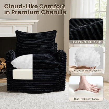 Swivel Accent Chair Set of 2, Modern Sofa Chairs for Living Room, Plush Upholstered Cloud Chair with Double Layer Thick Cushions, Bedroom Reading Nook Armchair, Black