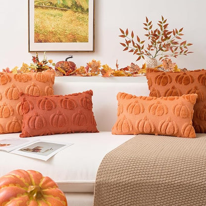 Kevin Textile Fall Pillow Covers 16x16 Inch Set of 2 Soft Pumpkins Decorative Square Pillowcases Plush Autumn Faux Fur Cushions Harvest Gift for Couch Sofa Chair Bedroom Home Decor, Rust