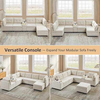 VANOMi 5 Seat Modular Sectional Sofa with Ottoman, Convertible Modular Cloud Sofa Bed, Comfy Chenille Sofas & Couches for Living Room, Apartment, Office, Beige, Sofa Bed