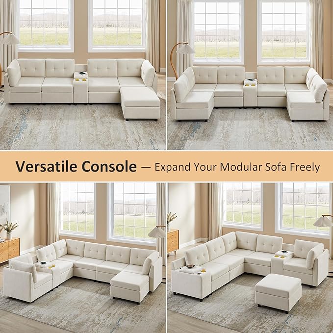 VANOMi 6 Seat Sectional Couches for Living Room, 118" Convertible Modular Cloud Sofa, Comfy Chenille Sofas & Couches for Living Room, Apartment, Office, Beige, L/U Shaped