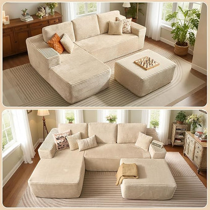 37.1" Ottoman for Couch, Plush Corduroy Memory Foam Ottoman Cloud Boneless Sectional Couch for Living Room Foot Stools No Assembly Require, Plush Corduroy,Beige