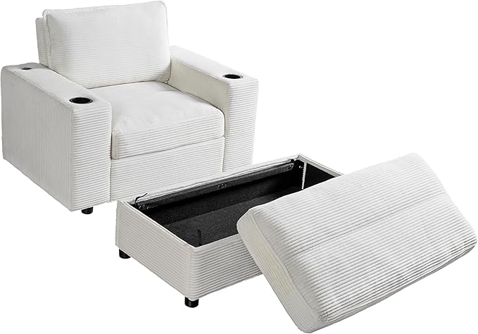 Christopher Knight Home Zoe Oversized Chaise Lounge Chair Indoor with Cup Holders & USB Charging Port, Corduroy Upholstered Sofa Bed + Ottoman with Storage, Comfy Deep Seat Sleeper Sofa Chair, Beige