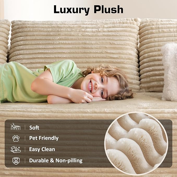 Weaxty Cloud Sectional Couch for Living Room, Oversized L Shaped Boneless Couches, Plush Corduroy Memory Foam Deep Seat Floor Sofa, No Assembly Required，Beige