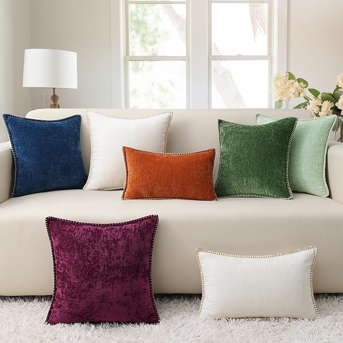 decorUhome Chenille Soft Throw Pillow Covers 12x20 Set of 2, Lumbar Velvet Farmhouse Neutral Decorative Euro Pillow Covers with Stitched Edge for Couch Sofa Bed Home Decor, Poseidon