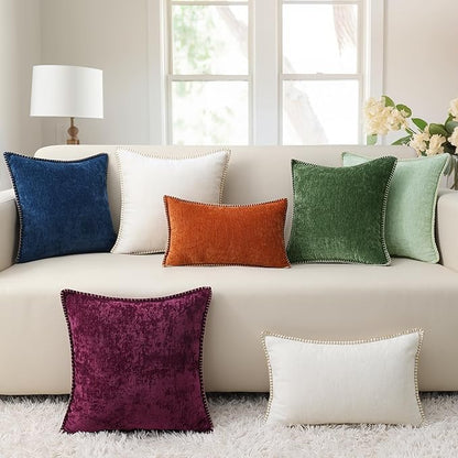 decorUhome Chenille Soft Throw Pillow Covers 12x20 Set of 2, Lumbar Velvet Farmhouse Neutral Decorative Euro Pillow Covers with Stitched Edge for Couch Sofa Bed Home Decor, Poseidon