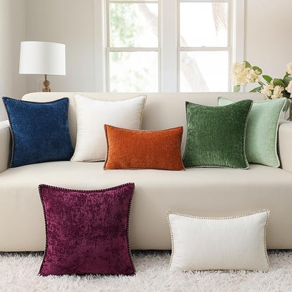 decorUhome Chenille Soft Throw Pillow Covers 24x24 Set of 2, Farmhouse Velvet Neutral Decorative Euro Pillow Covers with Stitched Edge for Couch Sofa Bed Home Decor, Neutral Gray