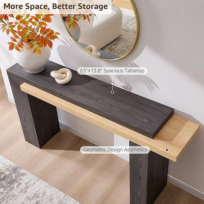 OKD 63 Inch Modern Entryway Console Table, Solid Geometry Accent Sofa Table Behind The Couch, Narrow Console Table for Entryway, Hallway, Living Room, Foyer, Natural Oak with Dark Alder