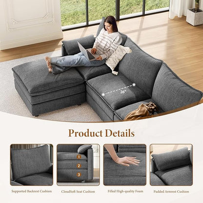 Vesgantti 108" Sectional Sleeper Sofa, 6-Seater Oversized Modular Cloud Couch with Movable Ottoman, Chenille Large Sofa Bed Convertible Deep Seat Couches for Living Room, Bedroom and Apartment, Gray