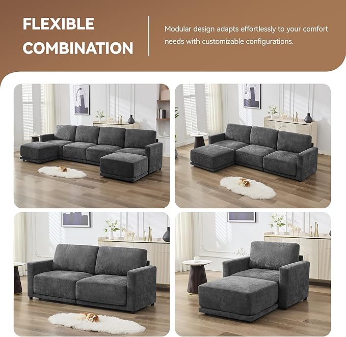 143.8" Modular Sectional Sofa Modern Chenille U-Shaped Couch with Thickened Seat Cushions, Easy Assembly, Upholstered 6 Seater Couch with 2 Movable Ottomans for Living Room, Grey