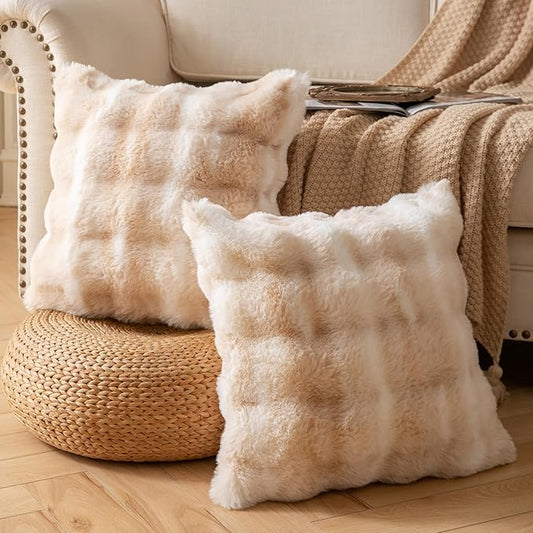Pack of 2 Thick Plush Throw Pillow Covers Fluffy Wave Faux Fur Decorative Cushion Covers Soft Wool Pillowcase for Sofa Couch Livingroom 24x24 Inch White Beige