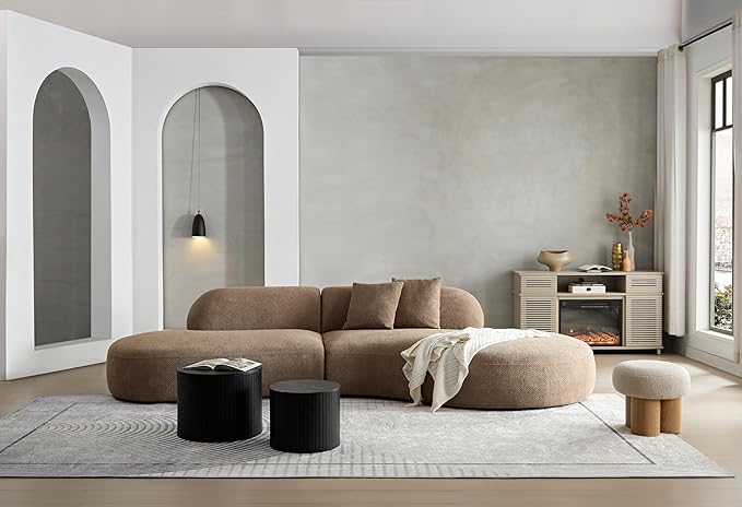 135.4" Curved Sofa Couch Modern Oversized 6-Seat Round Boucle Sectional Sofa Couch with Pillows for Living Room Apartment Furniture,No Assembly Needed(Camel+Right-Facing)