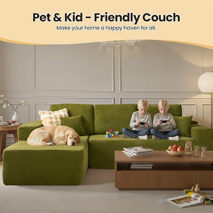 104" Cloud Sectional Couch with Chaise, Boneless L-Shaped Cloud Couch with Deep Seat, Modern Minimalist Sofa, Assembly Free Comfy Sofa for Office Living Room Study Room Apartment(Green, Left Chaise)