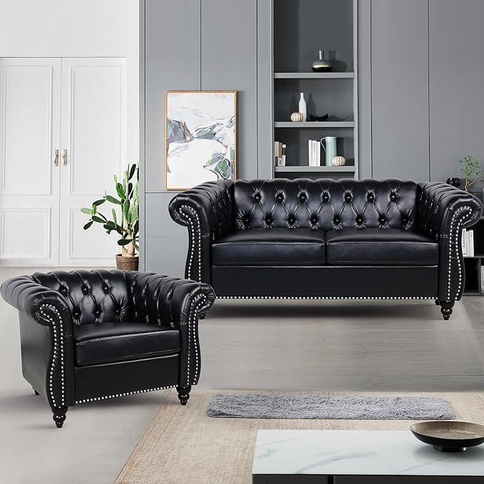 Accent Sofa Chair for Living Room, Modern PU Leather Upholstered Armchair, Oversized Comfy Single Sofa Chair with Cushion, Mid Century Tufted Chesterfield Sofa Couch for Bedroom, Apartment (Black)