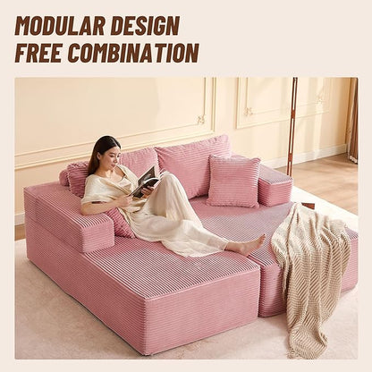 Chaise Lounge Chair, Boneless Couch for Living Room and Bedroom, Sleeper Couches Reading Chairs, Corduroy, Pink