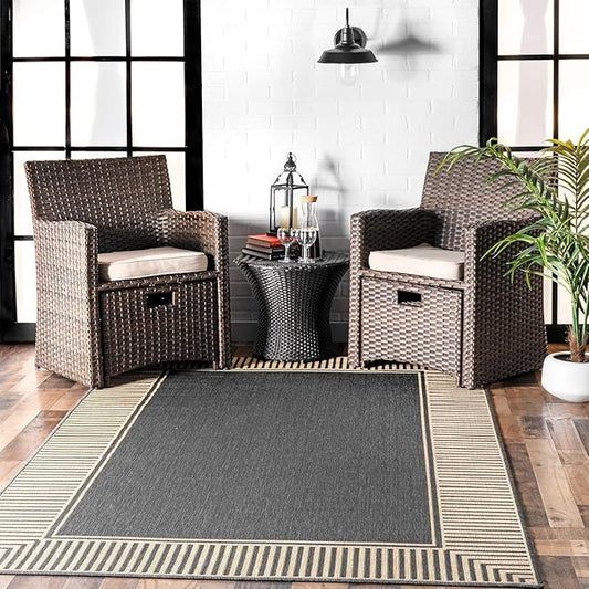 nuLOOM 3'6" x 5' Outdoor Area Rug, Casual Design With Striped Border, Stain Resistant, Highly Durable, For Patio, Balcony, Bedroom, Living Room, Dining Room, Bathroom, Dark Grey