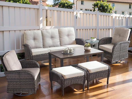 HUMMUH Outdoor Patio Furniture 7-Piece All-Weather PE Wicker Outdoor Conversation Set-Patio Couch Swivel Rocker Chairs with Ottomans Coffee Tables for Backyard,Poolside,Deck