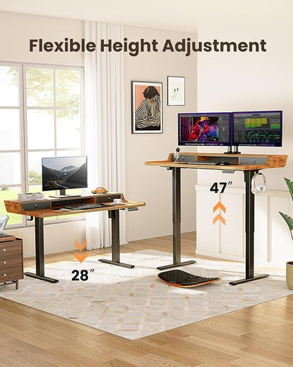 ErGear Electric Standing Desk with Drawers, 63″ x 28″ Gaming Table Compatible Monitor Stand, Stand up Desks, Home Office Height-Adjustable Desk with Storage Shelf, 4 Preset Heights, Vintage Brown