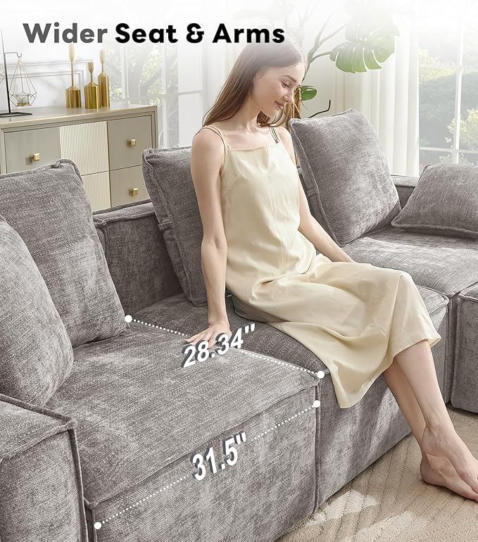WILLOVE Modular Sectional Sofa Set, Chenille Cloud Couch with Wide Armrests & 8 Pillows, Deep Seat Couches for Living Room, 4-Seater Grey