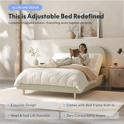 FLEXISPOT Queen All-in-One Adjustable Bed with Linen Upholstered Bed Frame, Soft Cloud Bed with Head & Foot Incline, Adjustable Headboard, Thick Foam Padding, 10-Year Warranty, Easy Assembly, Sage