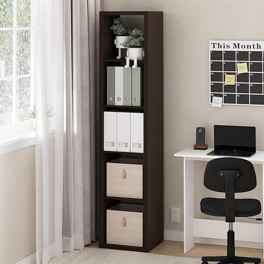 Furinno CUBICLE Book Shelf, 5-Cube Vertical Thick Frame Bookshelf, Horizontally & Vertically Reversible Bookcase with Open Back, 14.6 x 15.9 x 72, for Living Room, Bedroom, Home Office, Black Dark Oak