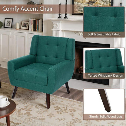 Accent Chair, Mid-Century Modern Upholstered Armchair, Comfy Fabric Living Room Chairs Reading Chairs with Button Tufted Back & Solid Wood Legs for Bedroom, Office, Light Blue