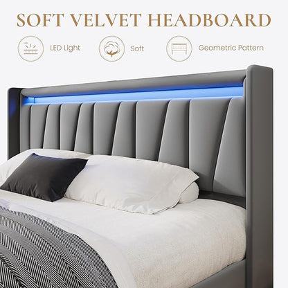 SHA CERLIN King Size Bed Frame with Charging Station and LED Lights, Modern Velvet Platform Bed with Upholstered Geometric Wingback Headboard, No Box Spring Needed, Easy Assembly, Grey