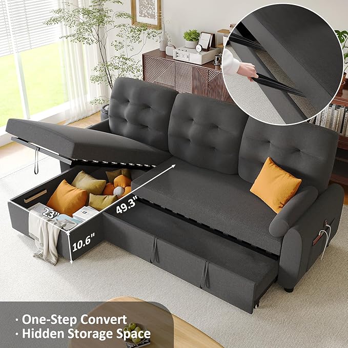 Ucloveria Sleeper Sofa Bed, 86" Convertible Sectional Sofa Couches for Living Room, Pull Out Couch Bed with Reversible Storage Chaise | USB Ports | Side Pockets | Removable Backrest