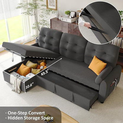 Ucloveria Sleeper Sofa Bed, 86" Convertible Sectional Sofa Couches for Living Room, Pull Out Couch Bed with Reversible Storage Chaise | USB Ports | Side Pockets | Removable Backrest