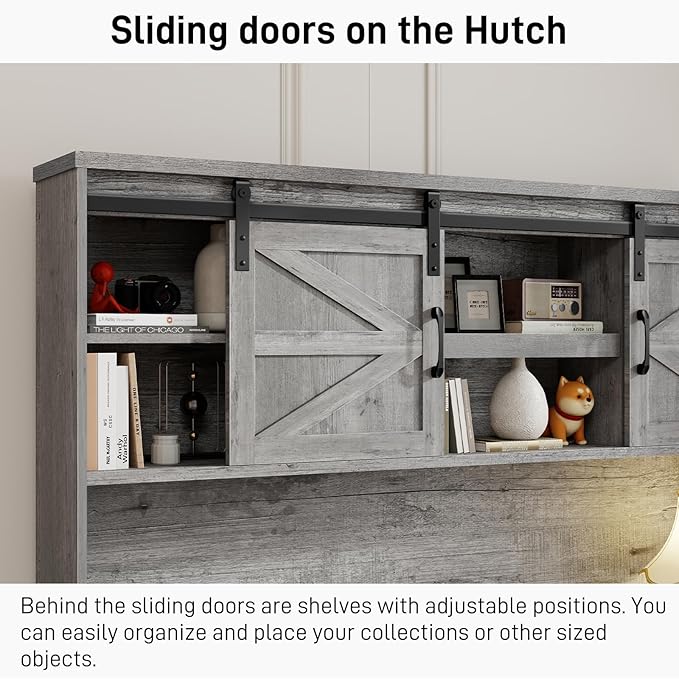 Farmhouse 67''H Executive Desk with Hutch & 5 Drawers, Rustic Office Desks Computer Desks with Charging Station, File Drawers and Storage Cabinets, Wood Workspace for Home Office & Study.（Grey）.