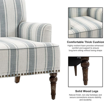 Accent Chair, Mid Century Modern Comfy Armchair for Living Room, Linen Fabric Single Sofa Lounge for Reading Bedroom Apartment Waiting Room with Wood Legs (Blue Stripe, Set of 1)