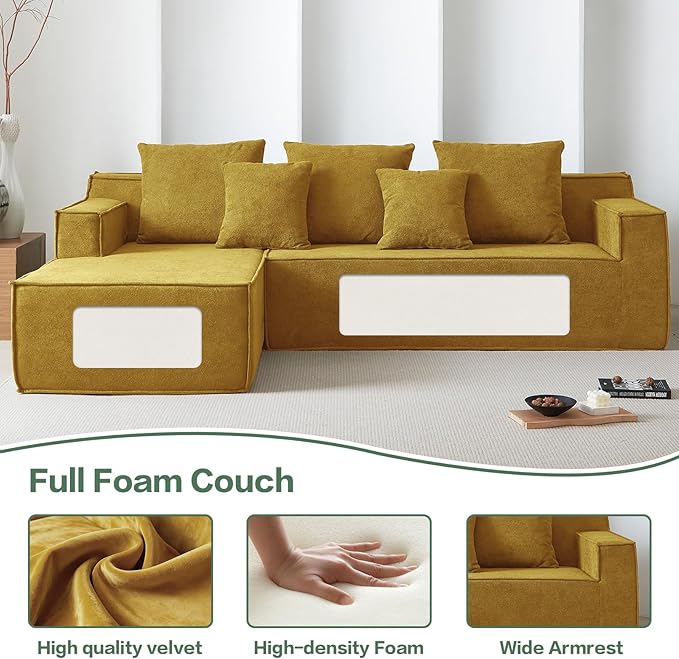 Boneless Cloud Sectional Couch, Modular Sectional Sofa with L-Shaped Lounge Chair, Soft Cloud Couch Memory Foam Sofa for Living Room, No Assembly Required (Orange, Velvet)